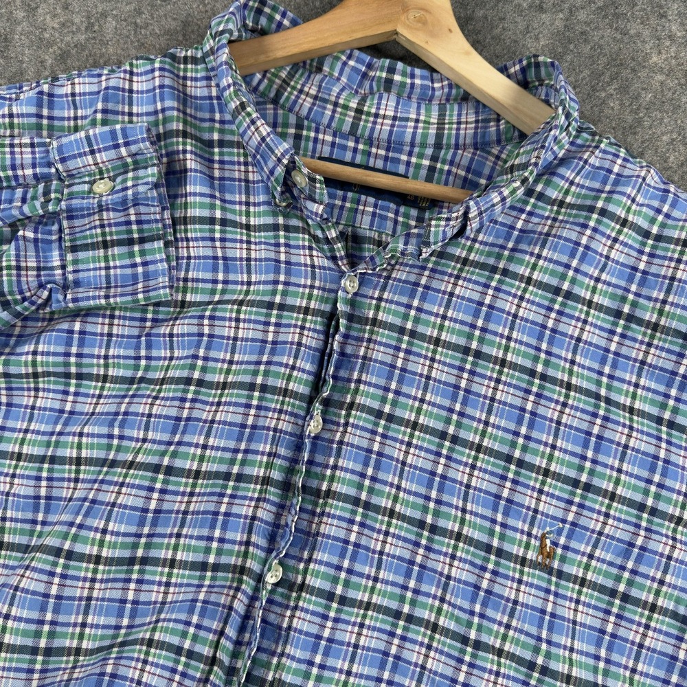 Ralph Lauren Shirt Mens Big 4XB Blue Green Plaid Band Collar‎ Long Sleeve Cotton